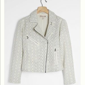 Anthropologie  ivory/blue motif eyelet moto jacket
